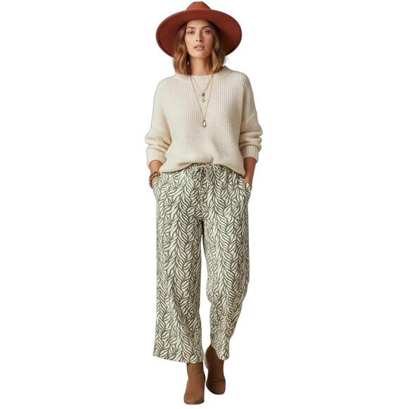 Soho Apparel Pants - SOHO Apparel Olive Leaf Print Wide Leg Pants L Casual Boho Resort Rayon Blend